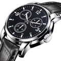 Men's chronograph watch with black dial, silver steel case and black leather strap - Simple Leather Strap Black Face