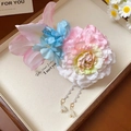 Floral hair clip with pink and blue gradient silk flowers and white bell tassel - Bellflower Tassel Hair Clip / Pink with Multicolor Tassels