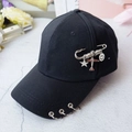 Black fashion baseball cap with silver metal rings and star pin pendants detail - [new Aircraft Model] Black