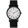 Detailed view of large white dial with 24-hour markers and luminous hands on black nylon watch - Black & White