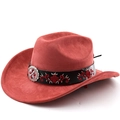 Detail of red faux suede cowboy hat featuring embroidered floral band and silver concho - M(56-58cm) / Brick Red