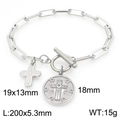 Silver stainless steel paperclip chain bracelet with cross and medallion pendants and OT toggle - Cross Style (KB202895-Z) / Silver