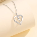 Elegant S925 sterling silver heart cross pendant necklace with sparkling micro diamonds - Platinum
