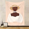 Detail eines Bohème-Wandteppichs mit minimalistischer Kunstillustration einer Frau mit Hut - LC-19 (Frau mit Strohhut & Puffärmeln) / 73*95CM (Gebürsteter Stoff)