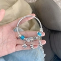 Bracelet à perles argenté avec pendentifs arbre de vie et ours pour femme - Style Dinosaure Bleu (B1077-1)