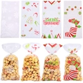 Weihnachts-OPP-Geschenktüten mit Weihnachtsmann, Schneeflocken und Golddraht - Stil 4 (4-in-1 gemischt) 100 Stück/Beutel