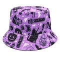 Detail of Halloween bucket hat with purple fabric and gothic black cat and moth prints - M (56-58cm) / Purple Occult Elements (4#)