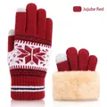 Winter touchscreen knit gloves in jujube red with snowflake pattern and warm plush lining - Double Layer Fur Cuff Snowflake Style / Burgundy