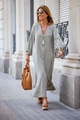 Abito a camicia lungo in cotone e lino verde salvia con maniche lunghe e spacco laterale - 3XL / Grigio