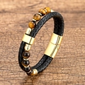 Braided black leather and yellow tiger eye stone bead double-layer bracelet with gold clasp - 23CM / Gold Style 3