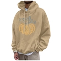 Khaki drawstring hoodie for men with abstract pumpkin graphic print and kangaroo pocket - S / Khaki Scroll Pumpkin (54)