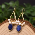 Handmade gold wire-wrapped earrings with natural freshwater pearls and lapis lazuli - Lapis Lazuli Dangle Earrings
