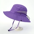 Detail of purple waterproof sun hat featuring breathable side mesh and adjustable wind cord - Purple