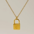 Golden padlock pendant necklace featuring Gothic letter C engraving on an O-chain - Letter C Style