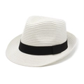 Classic white Panama straw hat with black ribbon, elegant sun protection beach fedora hat - M (56-58cm) / White