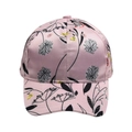 Close-up of pink satin baseball cap featuring delicate black floral lines and colorful prints - Pink Ditsy Floral Pastoral Style (Style 7)