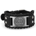 Handmade black leather bracelet with silver celtic knot plate and adjustable buckle - Black Leather + Silver Metal