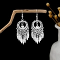 Silver hollow dreamcatcher earrings with leaf tassel fringe in ethnic folk style - Silver Hollow Dreamcatcher(E2876-14)
