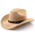 Detail eines khakifarbenen Wildleder-Cowboyhuts mit schwarzem Lederband und Schnalle - M (56-58cm) / Dunkelcamel