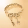 Detail of beige braided waist belt with elegant tassels and decorative small beads - Khaki