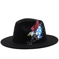 Chapeau fedora noir en feutre avec broderie d'aigle et motif d'étoile américain - M (56-58cm) / Style de Drapeau d'Aigle Américain Peint à la Main (JX-3311-7) / Noir