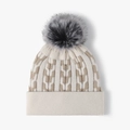 Winter cable-knit beanie in beige and light brown with a large grey faux fur pompom - One Size / Beige (24B025)