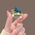 Golden mountain brooch with blue enamel, pearls and a water drop crystal pendant - 358# Mountain