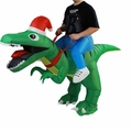 Detail of inflatable T-Rex costume with Christmas hat for festive party entertainment - Riding Christmas Dinosaurs / One Size