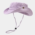 Detail of purple cotton sun hat with adjustable drawstring and side metal snap buttons - One Size / Light Purple