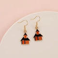Halloween drop earrings featuring orange and black haunted house charms with gold hooks - Halloween Haunted House