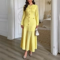 Elegant yellow long-sleeved knit dress with button details and a mermaid hemline - S / Yellow