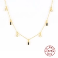 S925 sterling silver gold necklace with black rectangle and clear round stone pendants - 925 Silver / Black Zirconia