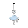 Detailed shot of silver belly ring with blue cloud pendant and sparkling gemstone inlay - #6 Light Blue Cloud Raindrop