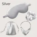 Silver satin sleep set with eye mask, scrunchie, headband and storage pouch - 4pcs Set (Short Bag) / Silver