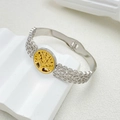 Titanium steel tree of life bangle featuring silver hollow chain and gold center emblem - Tree of Life Triple Line Silver