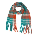 Thick checkered scarf in orange and teal blue with soft fringe detail - Orange Blue