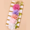Set of 6 nylon baby headbands with colorful chiffon flowers and green leaves on cards - 6-Color Combo Set