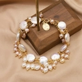 Baroque freshwater pearl bracelet with gold vintage religious medallion and satin luster - Pearl Pendant Bracelet (19cm)