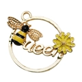 Golden honeybee on yellow flower alloy charm with circular frame and weet lettering - 1pc Enamel Round Yellow Flower Bee Hoop Pendant