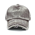 Close-up of Boston letter embroidery and distressed ripped details on denim baseball cap - Adjustable / Dark Gray