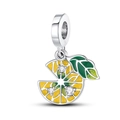 Detailed view of silver lemon charm with yellow enamel, green leaf, and small crystals - Lemon/Grapefruit Pendant