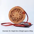 Handmade round rattan crossbody bag with leather strap and 20cm diameter size specs - Three-circle Flower Leather Buckle 20*8cm