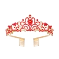 Golden bridal crown with red crystal rhinestones and elegant floral vine patterns - Gold Base Full Red Rhinestone