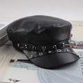 Gothic punk black PU leather captain hat with silver studs and eyelet details - One Size 58cm / Black Large Buckle Rivet Style