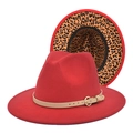 Detailed view of red fedora hat with leopard print brim lining and gold buckle trim - M(56-58cm) / Red