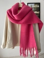 Pink mohair cashmere scarf with fringe tassels draped over a white winter coat - Rose Red