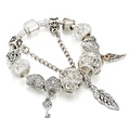 Silver vintage charm bracelet with crystal beads and feather fringe charms - A11 / 17cm