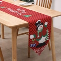 Christmas table runner with red and black plaid patterns featuring snowmen and trees - Snowman
