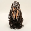 Brown leopard print silk scarf styled as a headband on long brown hair model - 70-70cm / Leopard Black + Beige (FJ774-01#)