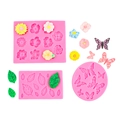 Silikon-Fondantformen Set für Torten mit Blumen-, Blatt- und Schmetterlingsmotiven - Rosa 3er Set